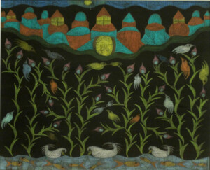 Scottie Wilson, Bucolic and animal landscape in front of the city, 1960, bold and pastel pencil on black paper, 46,5 x 51,5 cm Scottie Wilson