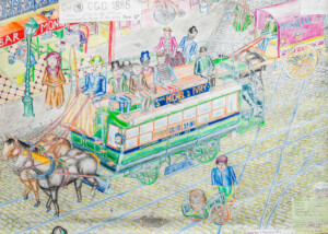 Gaël Dufrène, Compagnie générale des Omibus 1886, 2014, crayon de couleur sur papier, 84.7 x 120 cm Gaël Dufrène