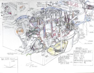 Gaël Dufrène, Morris Minor engine 1958, 2018, original colour and B&W drawing on paper, 50 x 65 cm Gaël Dufrène